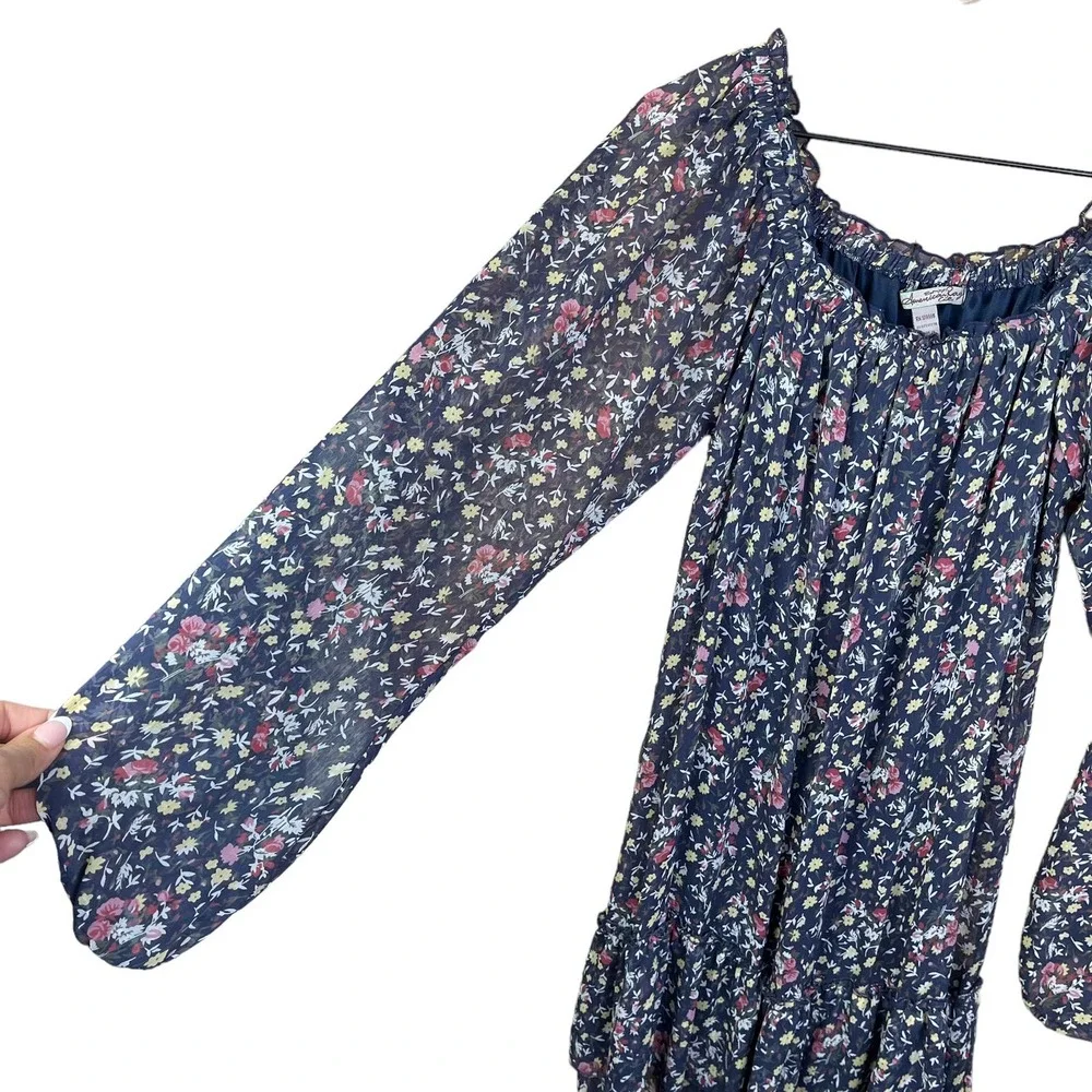 American Rag Cie Sheer Sleeve Floral Mini Dress M Elastic Waist Babydoll Boho‎